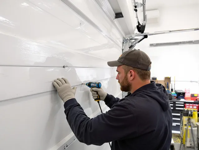 Torrance Garage Door Repair technician demonstrating precision dent removal techniques on a Torrance garage door